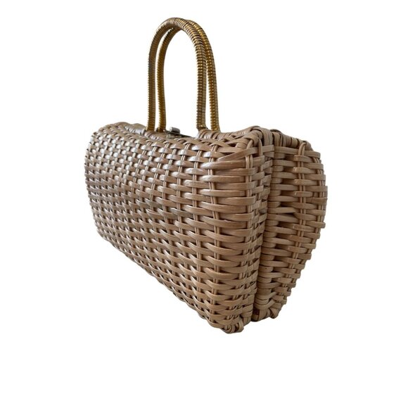 Vintage Simon Handmade Woven Basket Handbag Beige Gold Pink Dual Handles Neutral - Picture 2 of 9